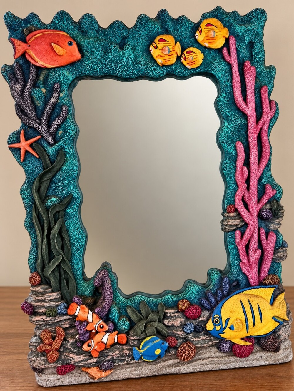 Vintage 1995 Figi Graphics Tropical Reef Fish Coral 3D Resin Mirror 10x14.5